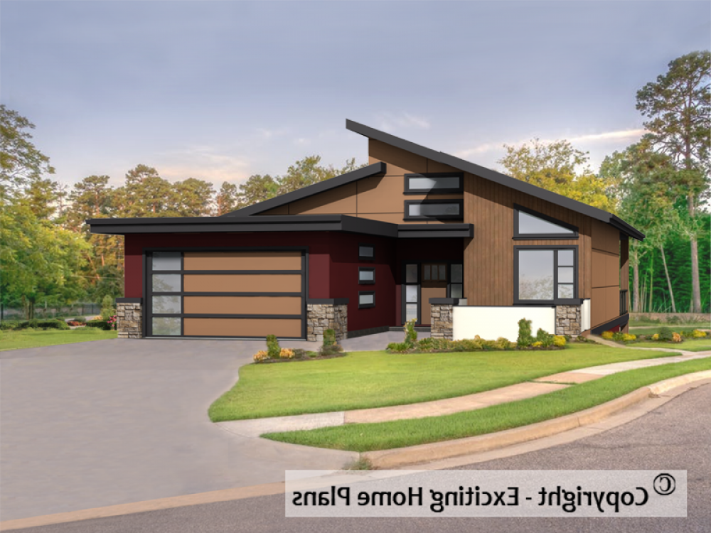 House Plan E1001-10M Front 3D View REVERSE